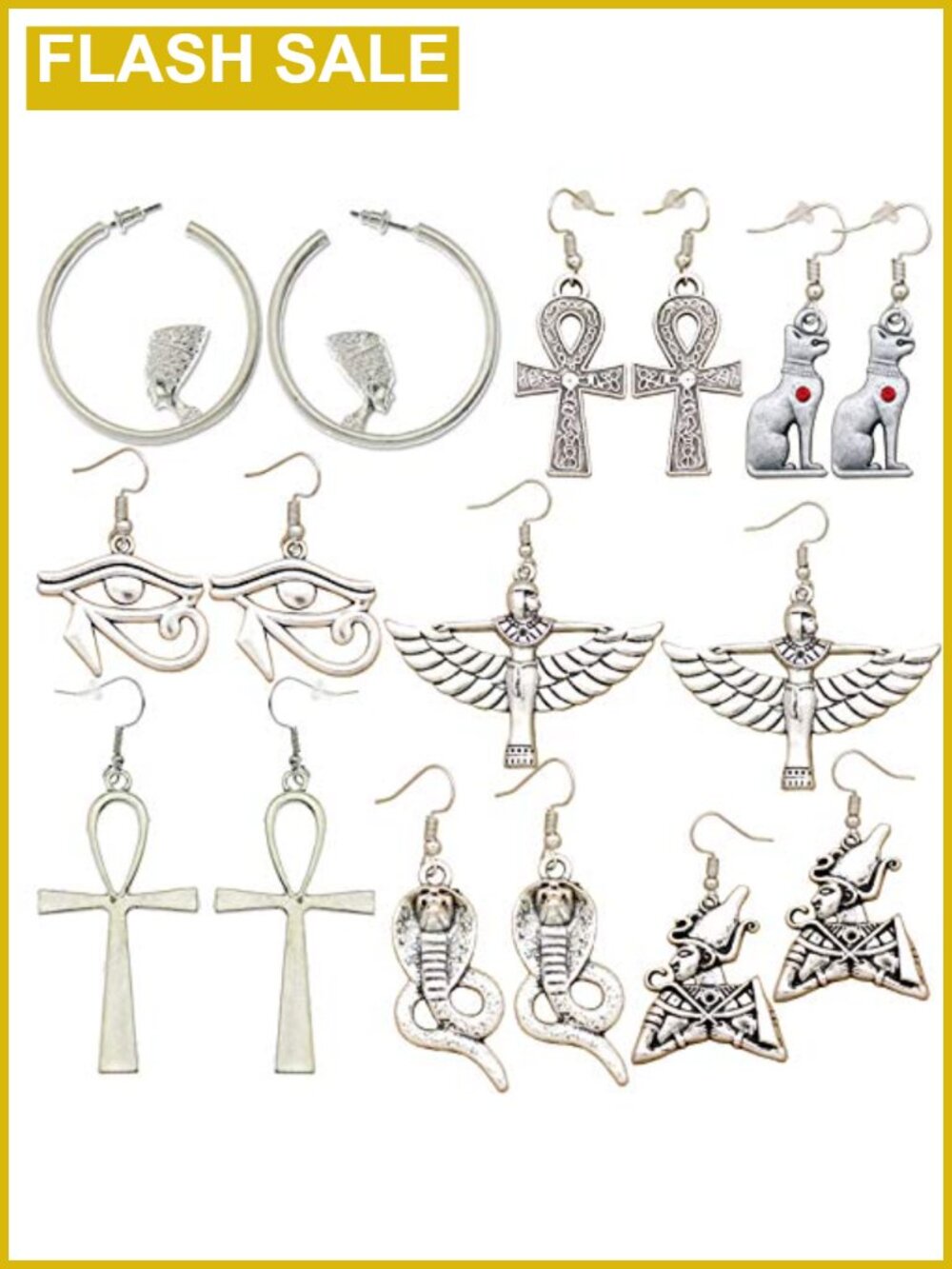 8 Pairs Silver Plated Egyptian Costume Dangle Earrings Set with Lever Back